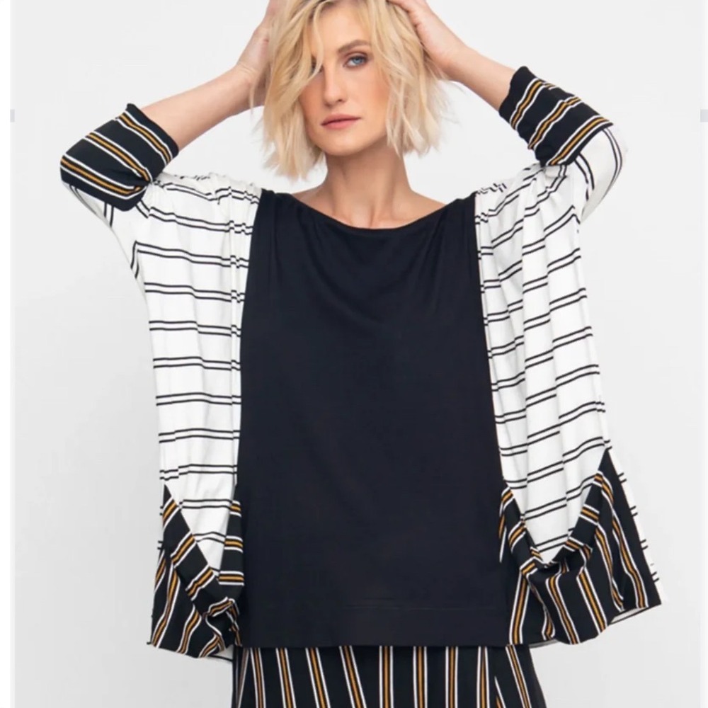 Ozai N Ku Womens Striped Mixed Media Draped Pocket Top Black White Greece Size 1